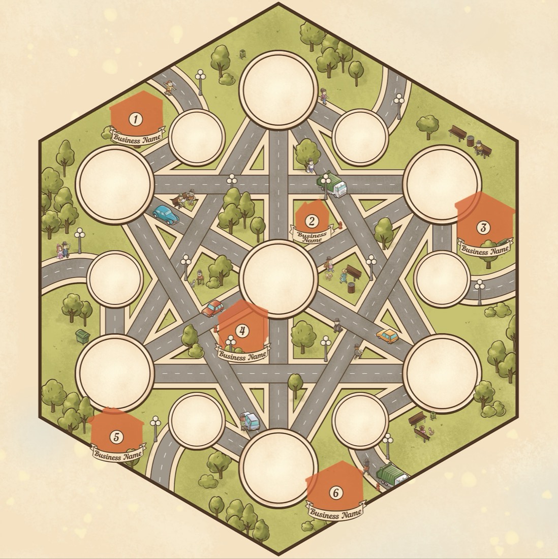 Example region board showing numbered business spaces where sponsors are placed